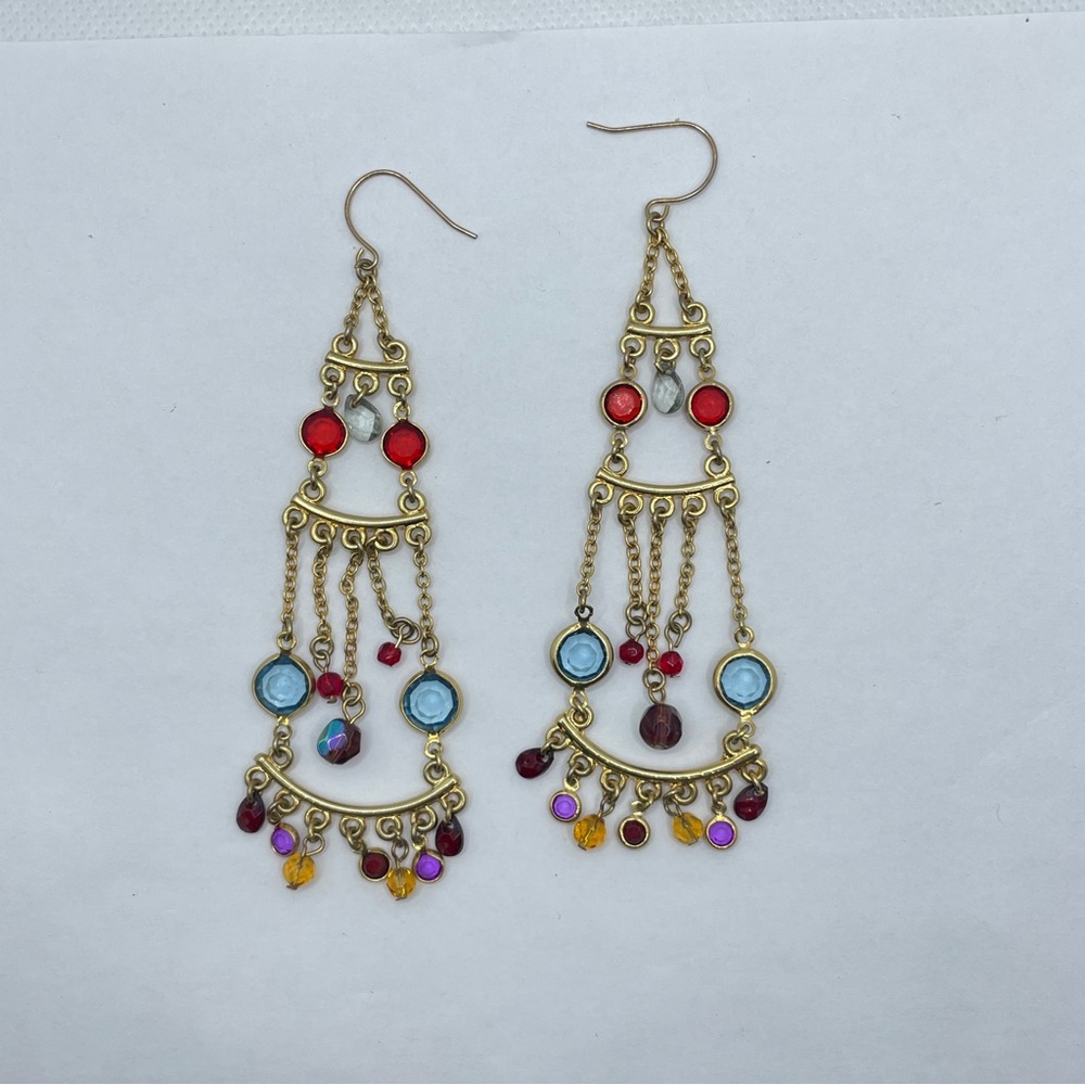 Boho Glam Gold Tone Chandelier w/ Jewel Toned Glass Gems‎